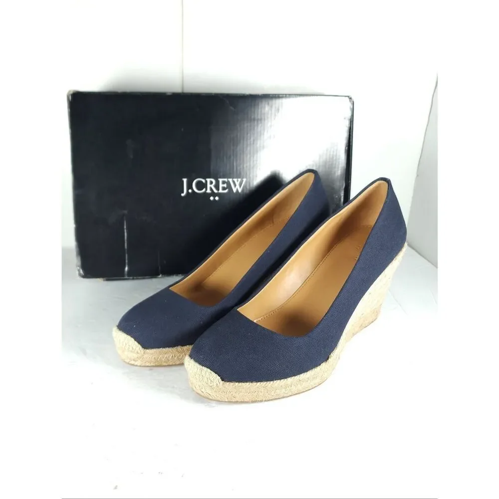 J. Crew Women's US 9 Canvas Navy Blue Wedge Pumps Espadrille Shoes New